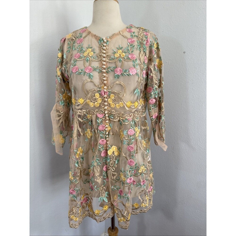 Agha Noor Top Womens Small‎ Floral Lace Embroidered Fairy Tunic